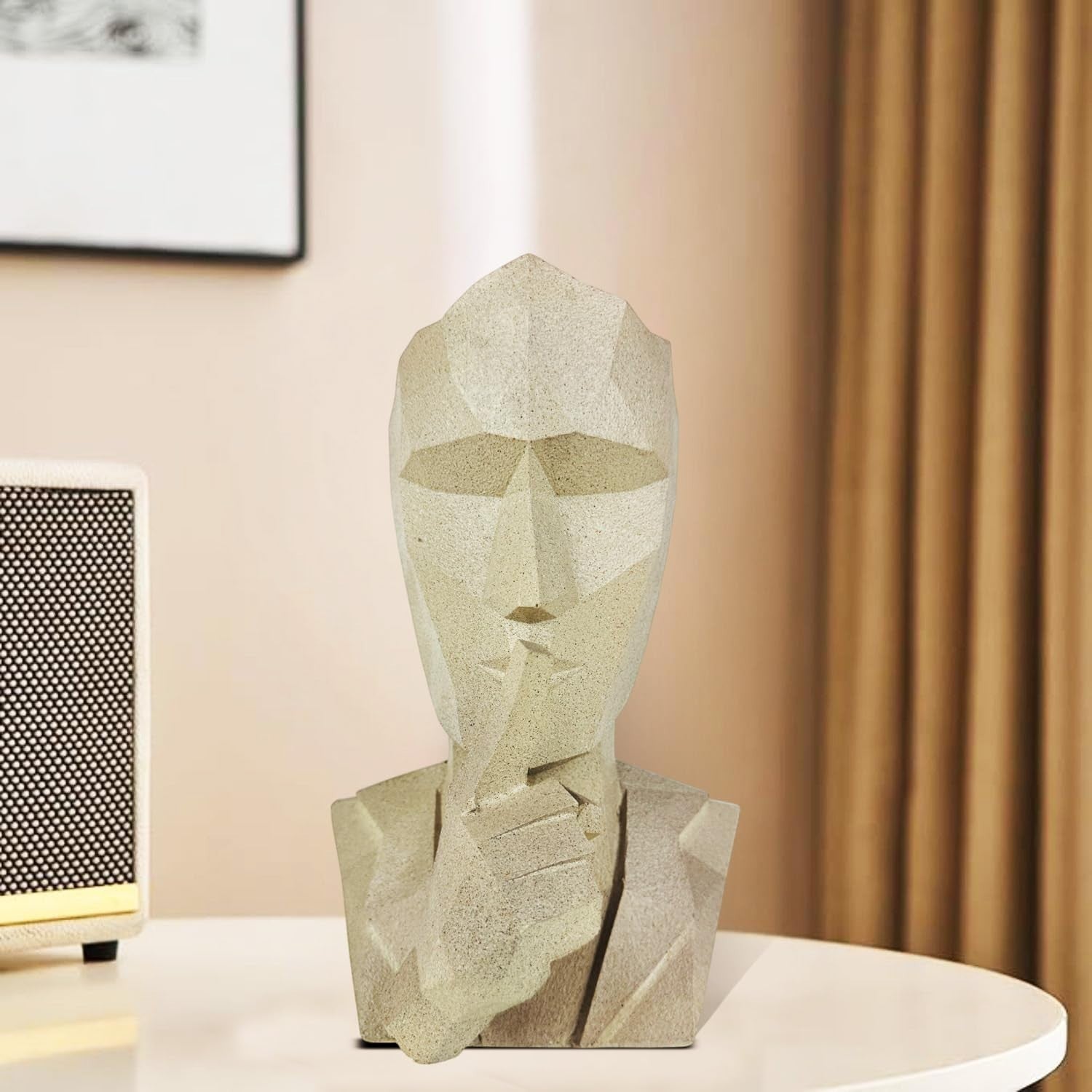 GoHooked abstract geometric face statue in marble finish, representing 'Speak No Evil'. Modern polyresin decor.