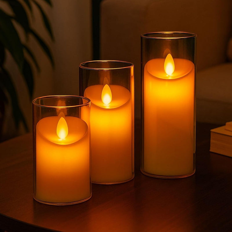 GoHooked set of 3 transparent acrylic LED tea light candles with realistic flickering flames.