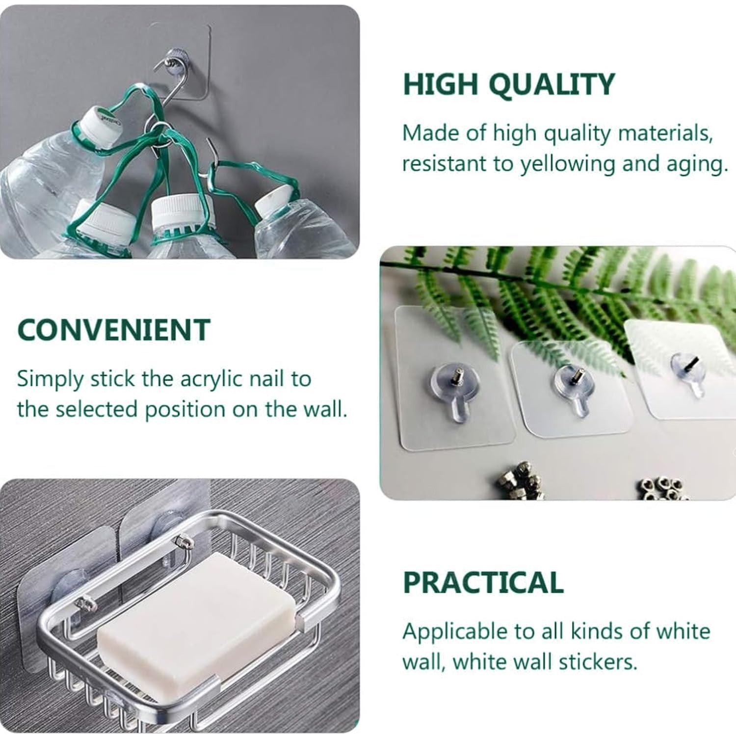 GoHooked transparent adhesive hooks holding water bottles and a soap dish. Heavy-duty, waterproof, no-drilling wall mount.