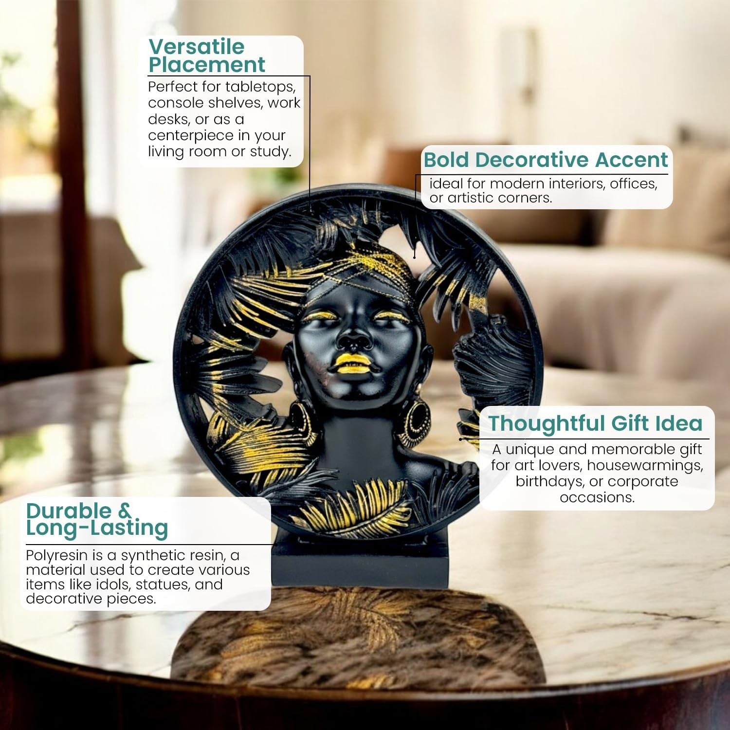GoHooked black and gold polyresin African lady bust statue with feathered halo, 22 cm tall, for living room or office decor.