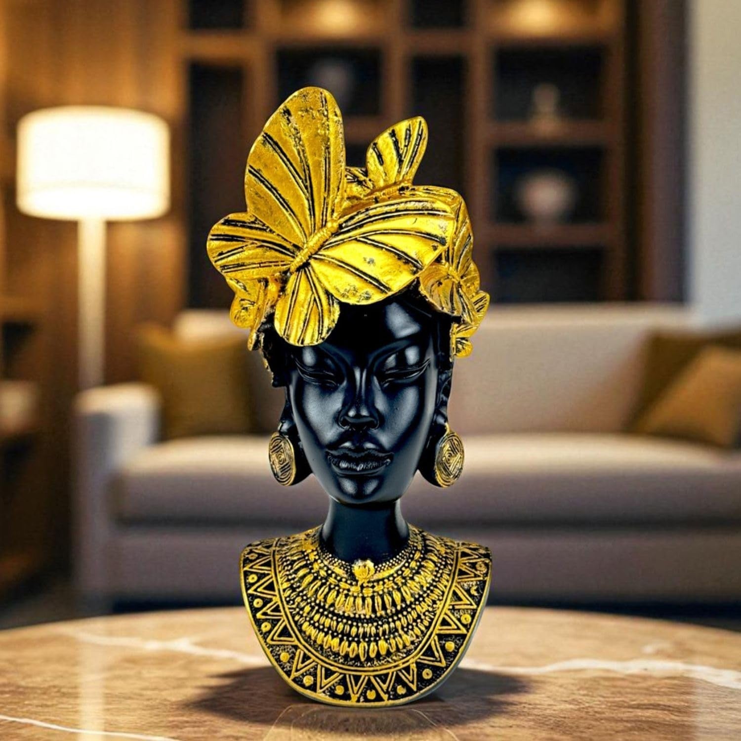 GoHooked black polyresin bust of an African queen with gold butterflies and tribal jewelry, 26 cm tall.