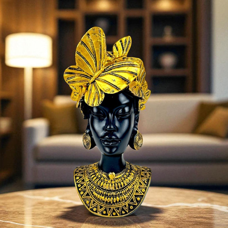 GoHooked black polyresin bust of an African queen with gold butterflies and tribal jewelry, 26 cm tall.