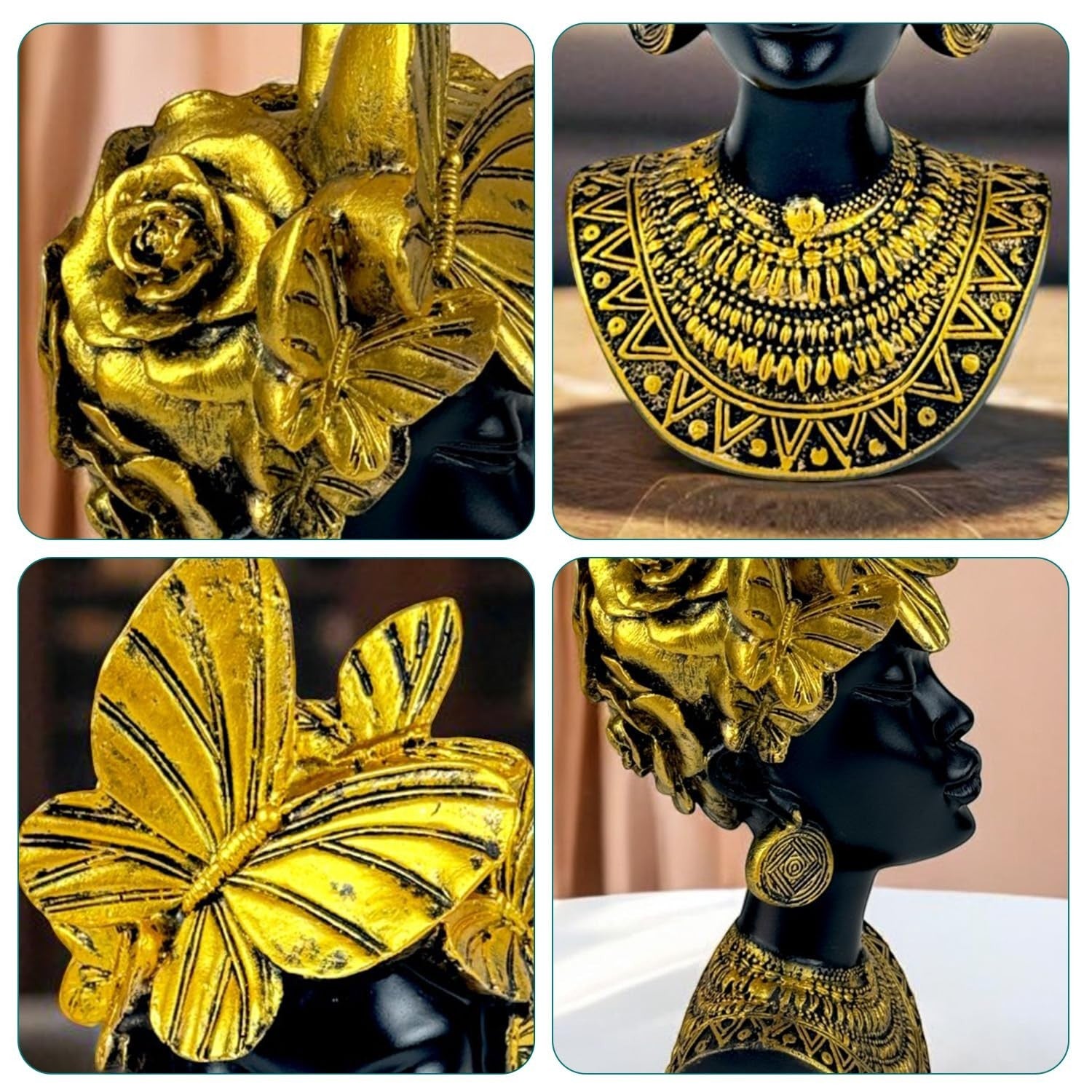 GoHooked black polyresin bust of an African queen adorned with gold butterflies, roses, and tribal jewelry. 26cm.