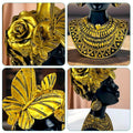 Go Hooked black polyresin bust of an African queen with gold butterflies, roses, and tribal jewelry. 26 cm tall.