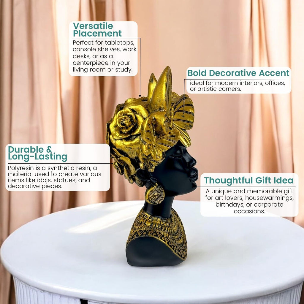 GoHooked black polyresin bust of an African queen with gold butterflies and roses on her head. 26 cm tall.