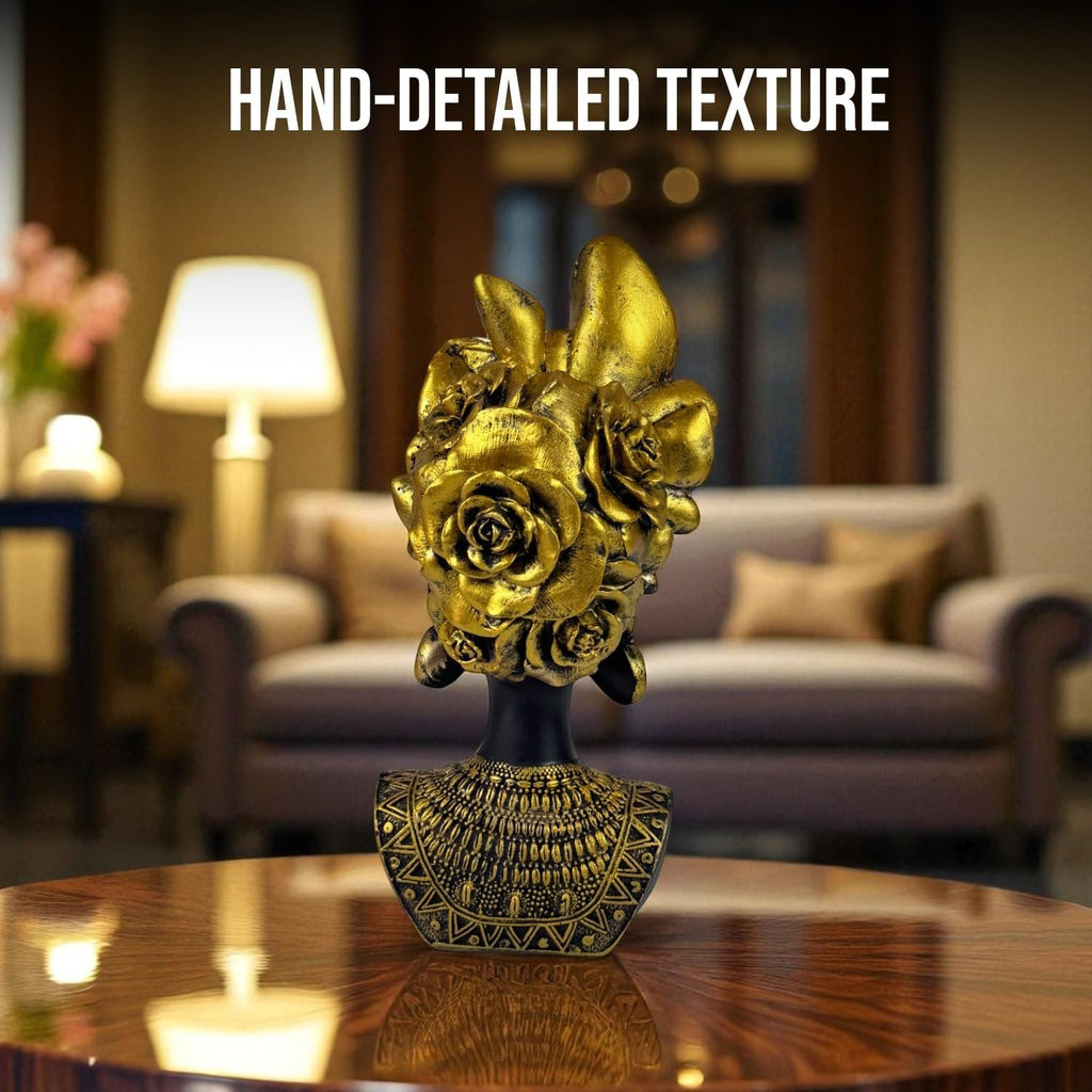 GoHooked black and gold polyresin bust figurine with roses and butterflies, 26 cm tall African queen statue for home decor.
