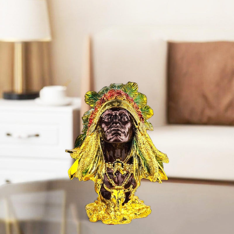 GoHooked African Queen bust statue in black and gold polyresin with feathered headdress and ornate necklace.
