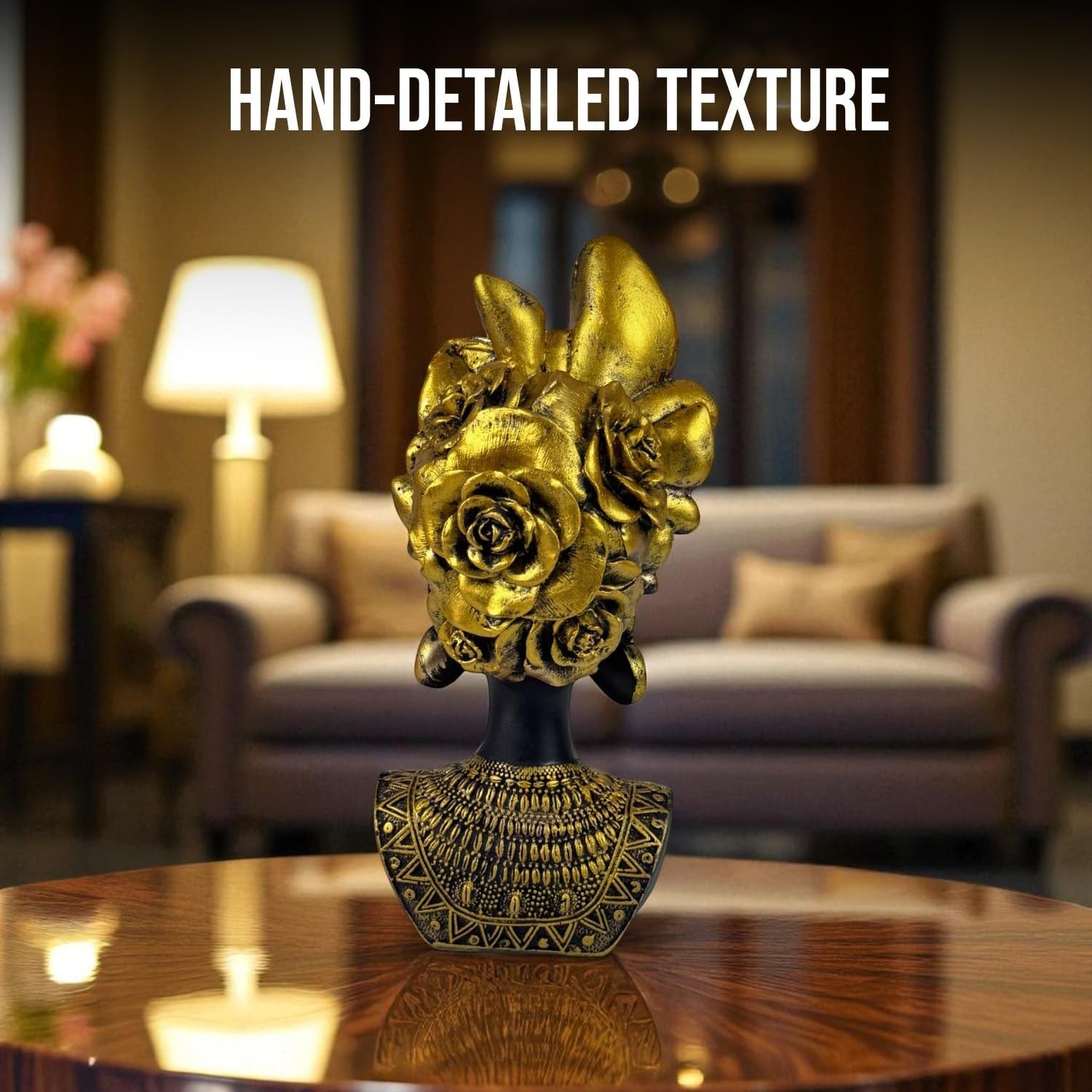 Go Hooked black and gold polyresin African queen bust statue with butterflies and roses, 26 cm tall.