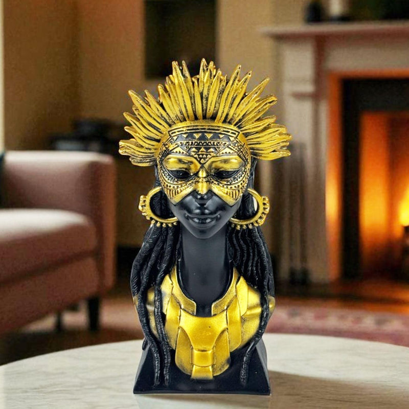 GoHooked African tribal lady bust statue with black and gold mask, crown, and ornate details. Polyresin, 25cm.
