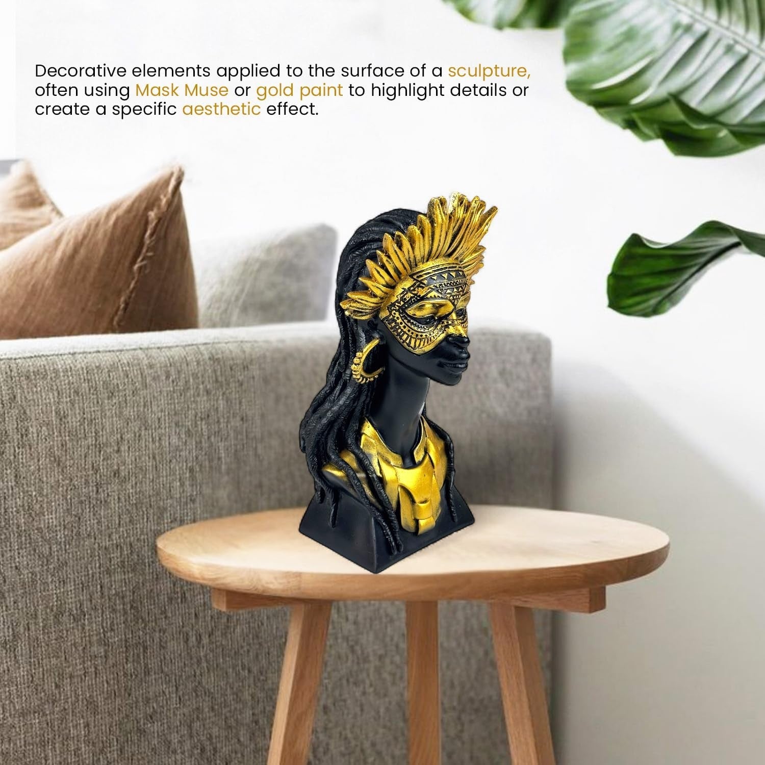 GoHooked black and gold polyresin bust of an African tribal lady wearing a mask and crown, 25cm tall.