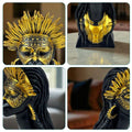 GoHooked African tribal lady bust statue with masked face, sun-crown, and gold detailing. Black polyresin.