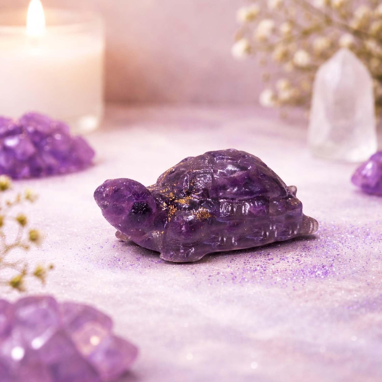 GoHooked amethyst crystal tortoise figurine with gold flecks, for Vastu and Feng Shui decor.