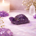 GoHooked amethyst crystal tortoise figurine for luck and career growth. Detailed carving with gold flecks.