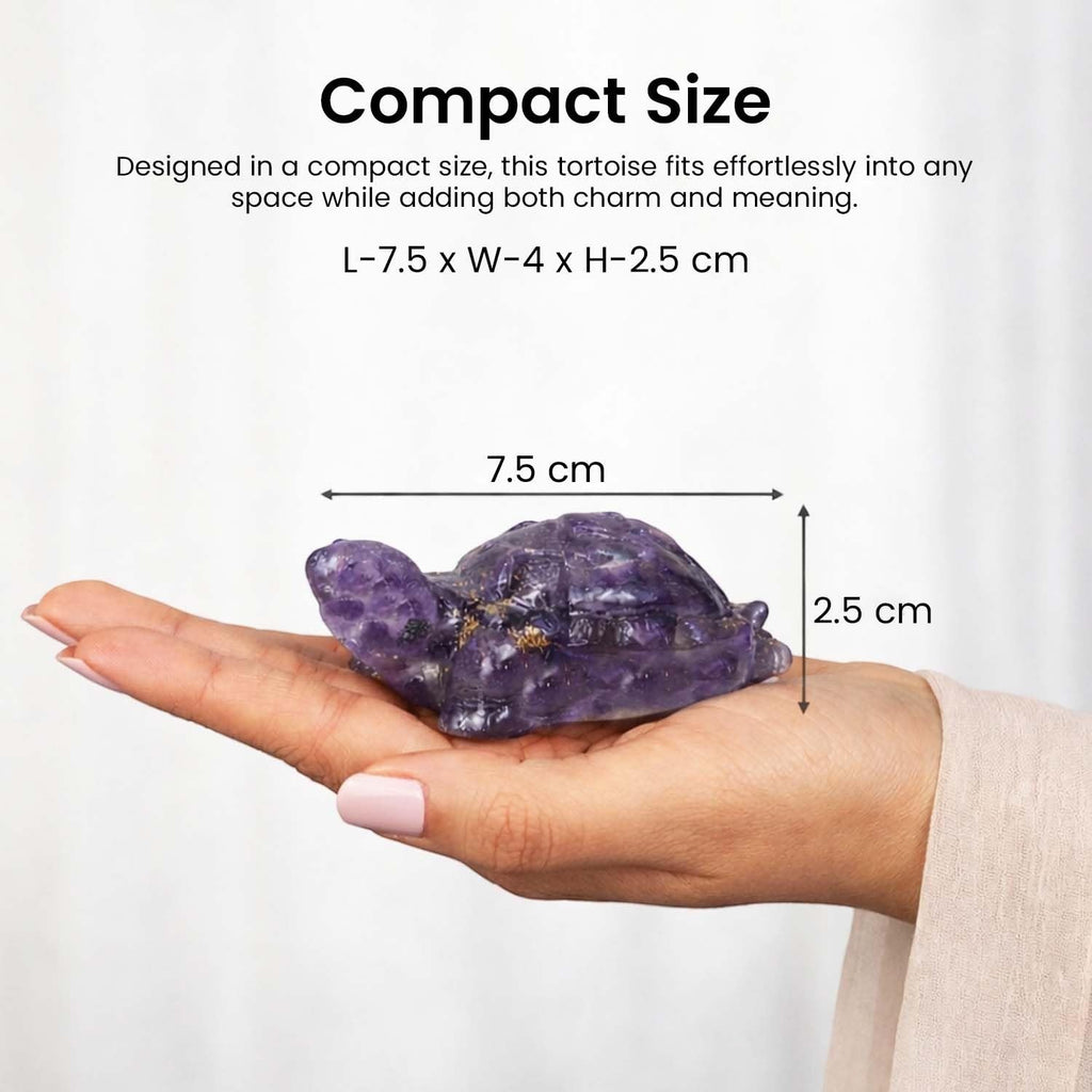 Go Hooked natural amethyst crystal tortoise decorative showpiece held in a hand, 7.5 cm long.