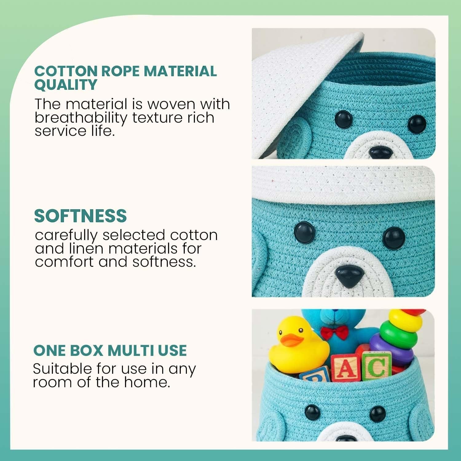 Go Hooked aqua blue cotton rope storage basket with lid, featuring a cute animal face design with ears. Ideal for kids' toys and nursery organization.