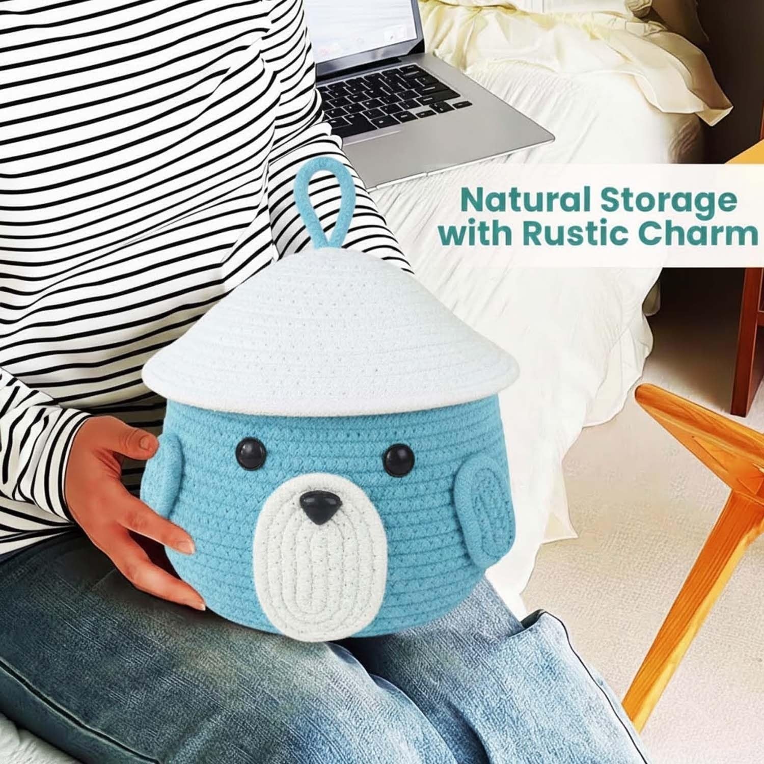 GoHooked aqua blue cotton rope storage basket with lid, featuring a cute animal face design with ears and a white dome lid. Perfect for kids' toys and nursery organization.