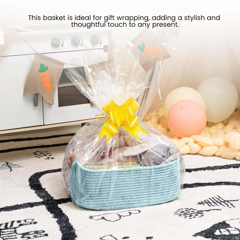 GoHooked aqua blue rectangular cotton rope storage basket with PU leather handles, filled with gifts and wrapped in cellophane.