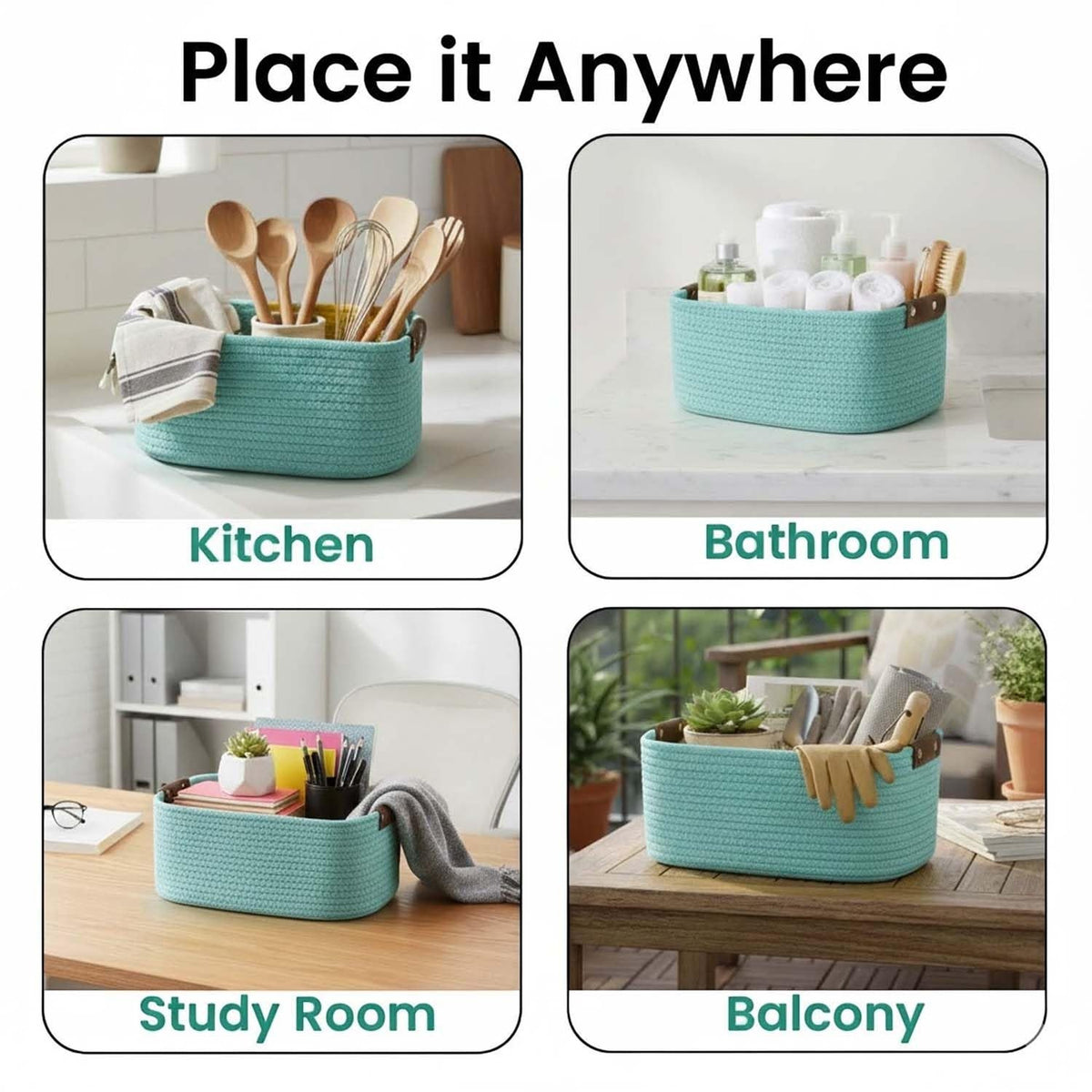 GoHooked aqua blue rectangular cotton rope storage basket with PU leather handles, perfect for home organization.