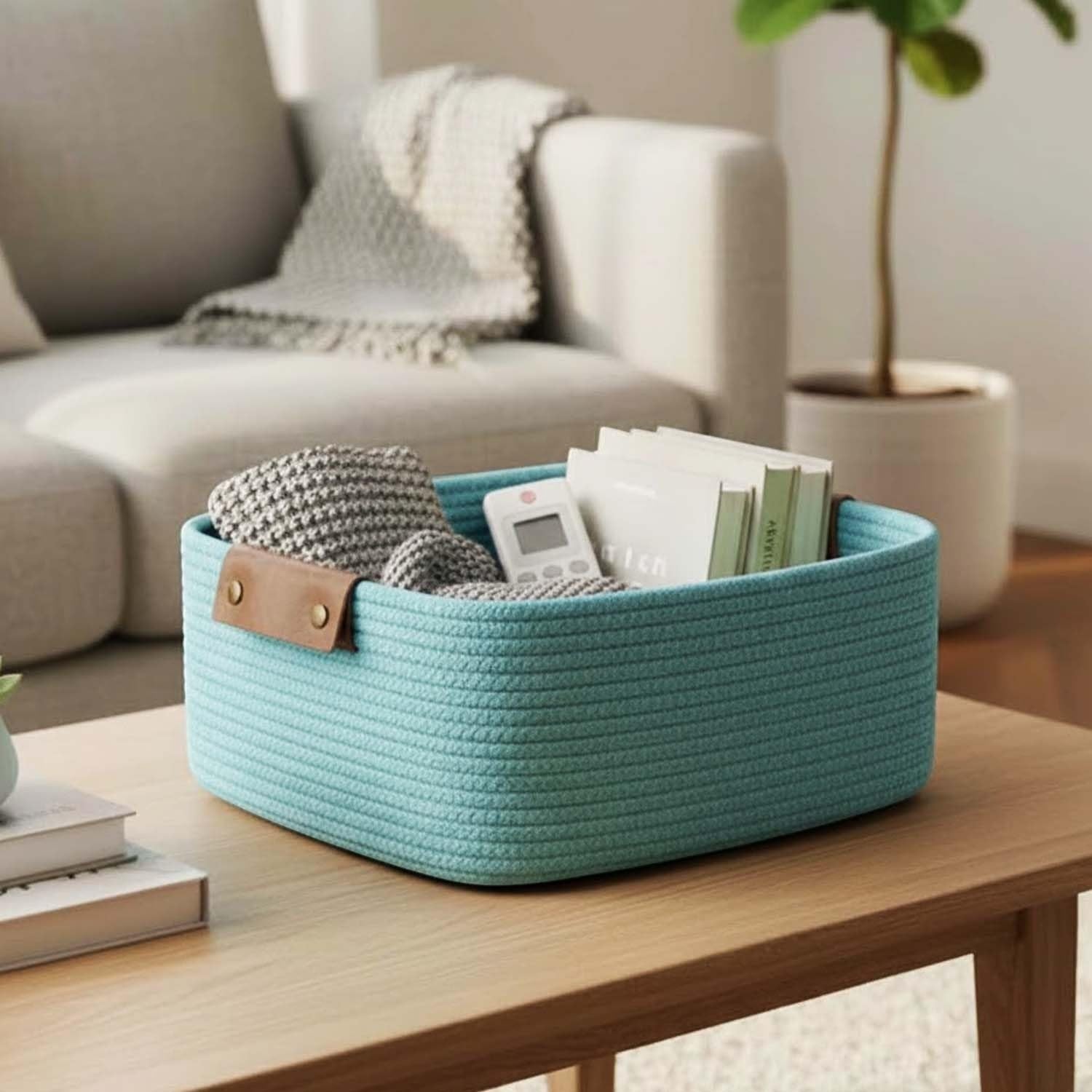 GoHooked aqua blue rectangular cotton rope storage basket with brown PU leather handles, holding books and a remote.