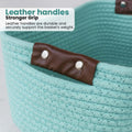 GoHooked aqua blue rectangular cotton rope storage basket with brown PU leather handles.