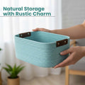 GoHooked aqua blue rectangular cotton rope storage basket with brown PU leather handles.