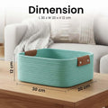GoHooked aqua blue rectangular cotton rope storage basket with brown PU leather handles, 30x20x12 cm