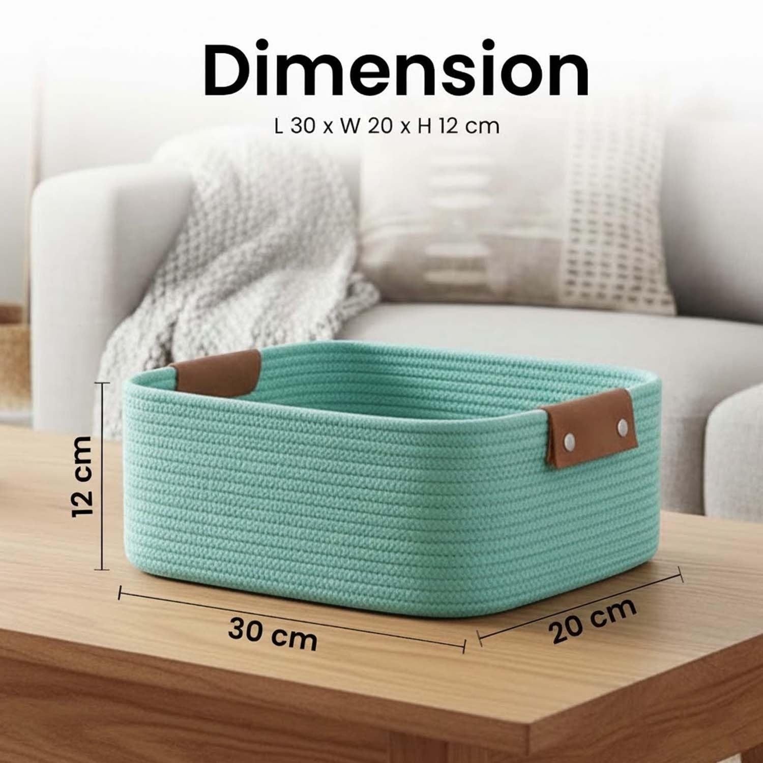 GoHooked aqua blue rectangular cotton rope storage basket with brown PU leather handles, 30x20x12 cm