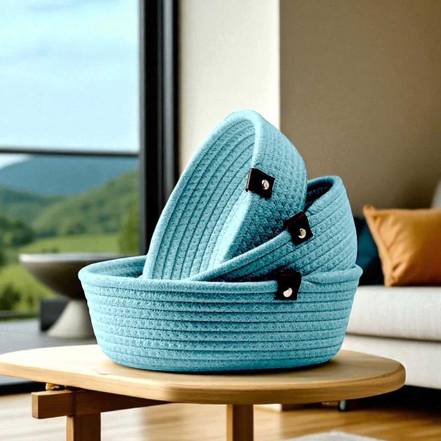 GoHooked aqua blue cotton rope storage basket with PU leather handles, rectangular shape, perfect for home organization.
