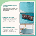 GoHooked aqua blue rectangular cotton rope storage basket with brown PU leather handles, ideal for home organization.