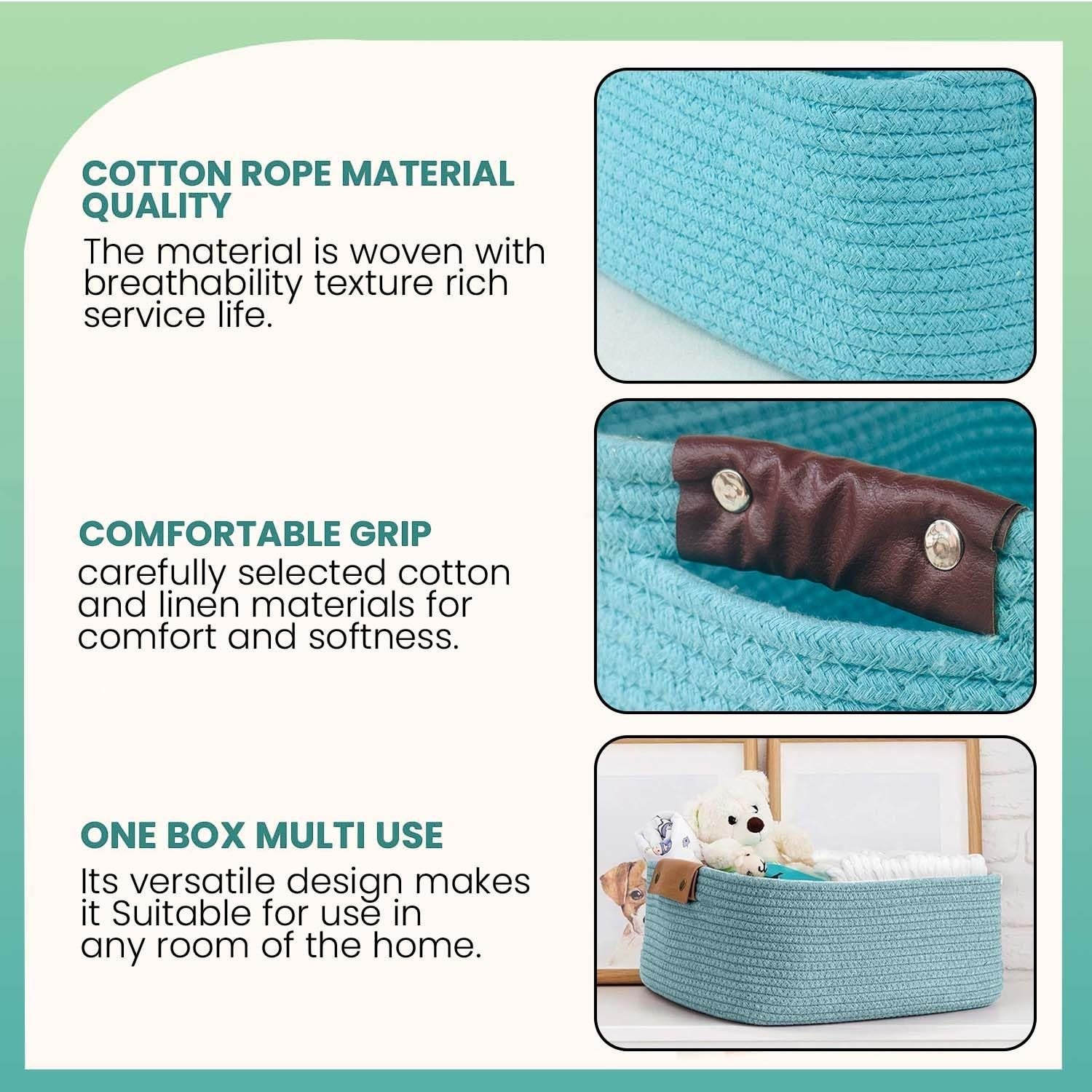 GoHooked aqua blue rectangular cotton rope storage basket with brown PU leather handles, ideal for home organization.