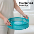 GoHooked aqua blue round metal storage tray with perforated sides and two curved handles, perfect for home decor.