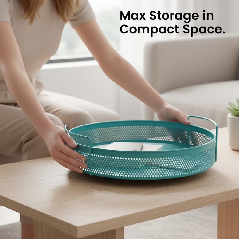 GoHooked aqua blue round metal storage tray with perforated sides and side handles, perfect for home decor.