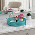 GoHooked aqua blue round metal storage tray with perforated design and side handles, holding makeup and decor.