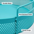 GoHooked aqua blue round metal storage tray with perforated sides and sturdy handles. Durable, rust-resistant finish.