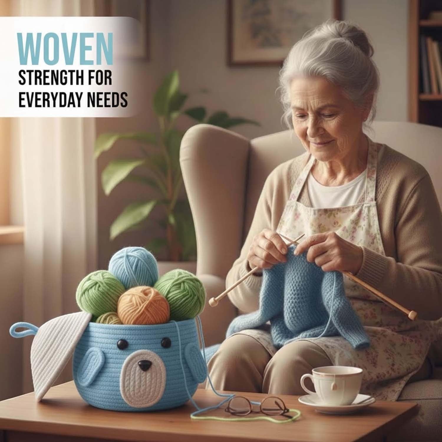 Go Hooked aqua blue cotton rope animal face storage basket with lid, filled with yarn.