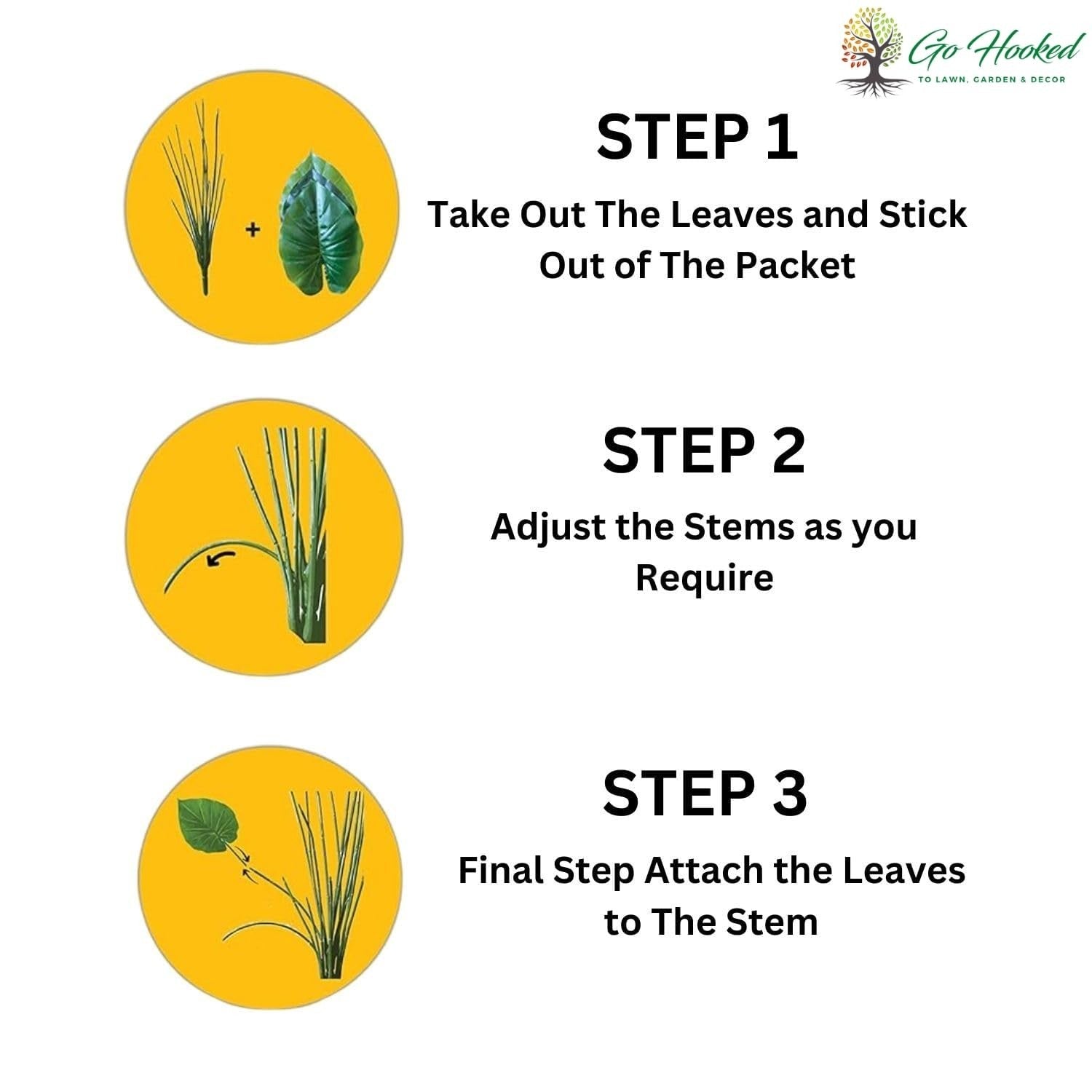 Go Hooked artificial Alocasia plant assembly instructions: Step 1 shows leaves and stems, Step 2 shows stem adjustment, Step 3 shows leaf attachment.