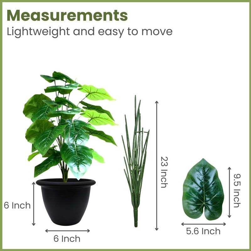 GoHooked artificial Alocasia plant with 12 green patterned polyester leaves in a black pot.