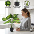 GoHooked artificial Alocasia plant with green leaves in a black pot on a kitchen counter with a woman holding a mug