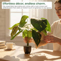 GoHooked artificial Alocasia plant with broad green leaves in a decorative pot being arranged by a woman indoors.