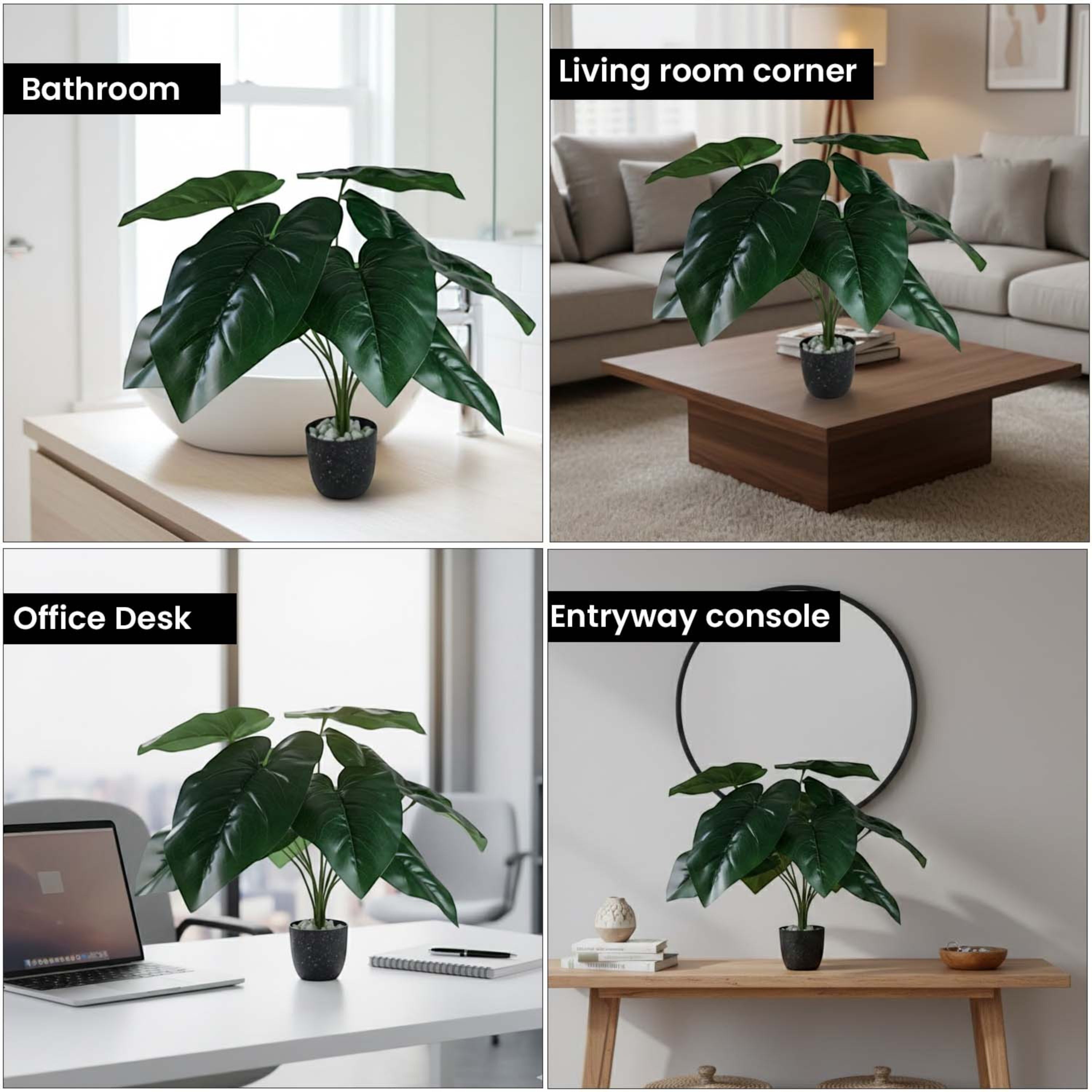 GoHooked artificial Alocasia plant with green leaves in a decorative pot, shown in various home and office settings.