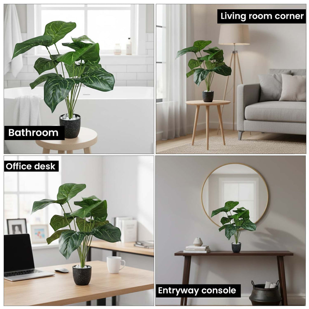 GoHooked artificial Alocasia plant with green leaves in a decorative pot, shown in bathroom, living room, and office.