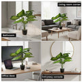 GoHooked artificial Alocasia plant with green patterned leaves in a black pot, displayed in home and office settings.