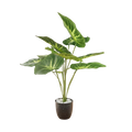 GoHooked artificial Alocasia plant with vibrant green patterned leaves in a grey pot with white decorative pebbles.