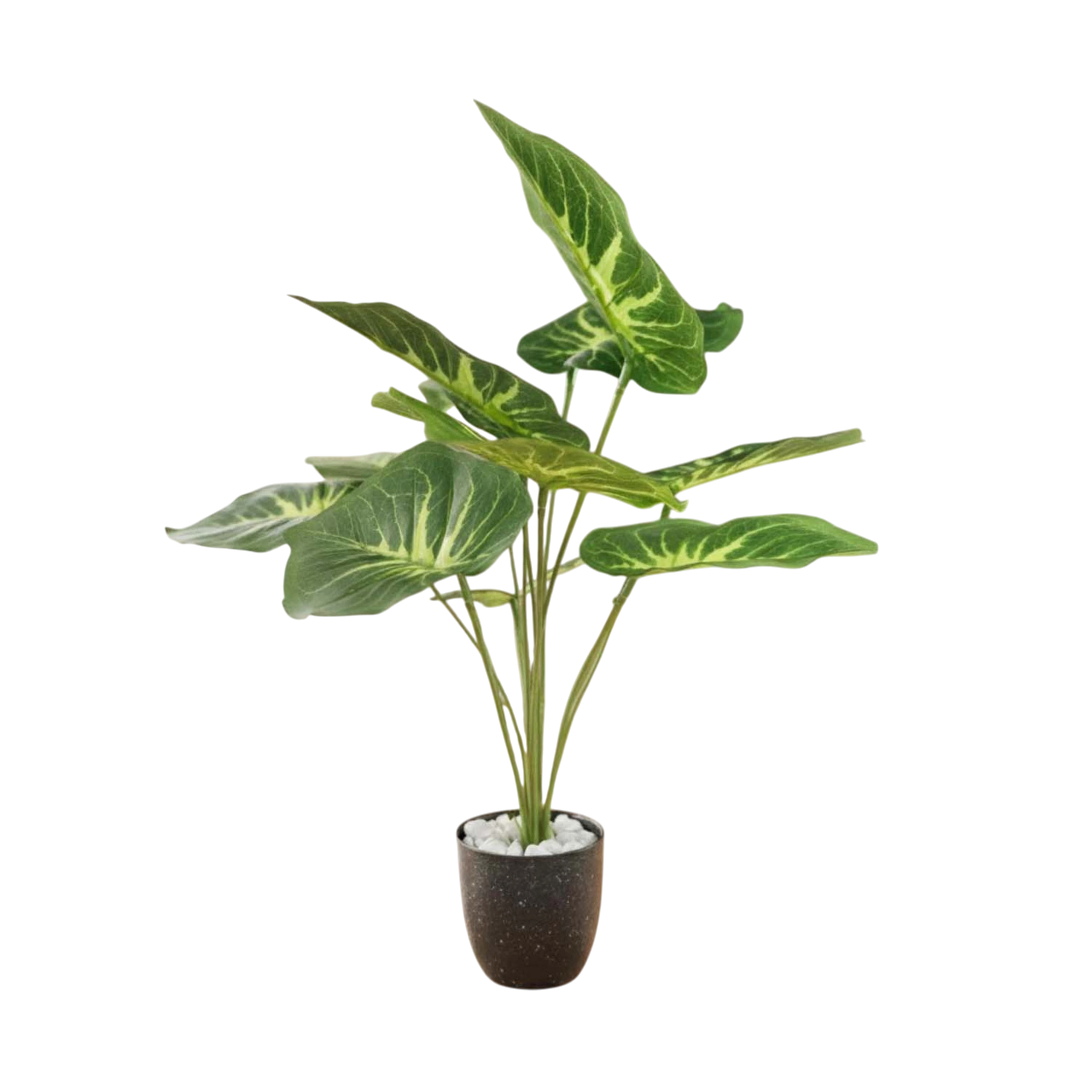 GoHooked artificial Alocasia plant with vibrant green patterned leaves in a grey pot with white decorative pebbles.