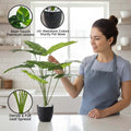 GoHooked artificial Alocasia plant with green leaves in a speckled pot, displayed by a woman in a bright kitchen.