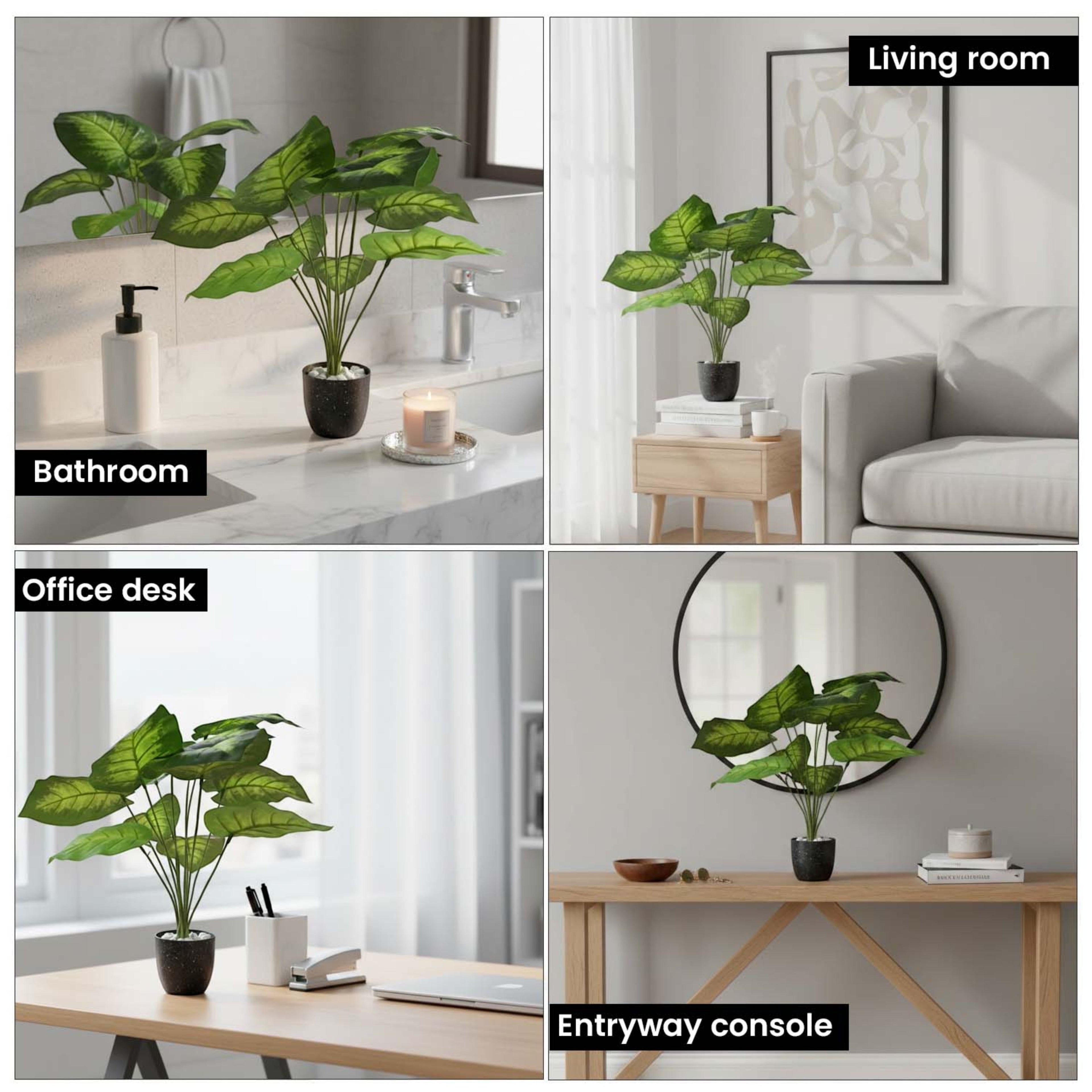 GoHooked artificial Alocasia plant with patterned green leaves in a black pot, displayed in home and office settings.