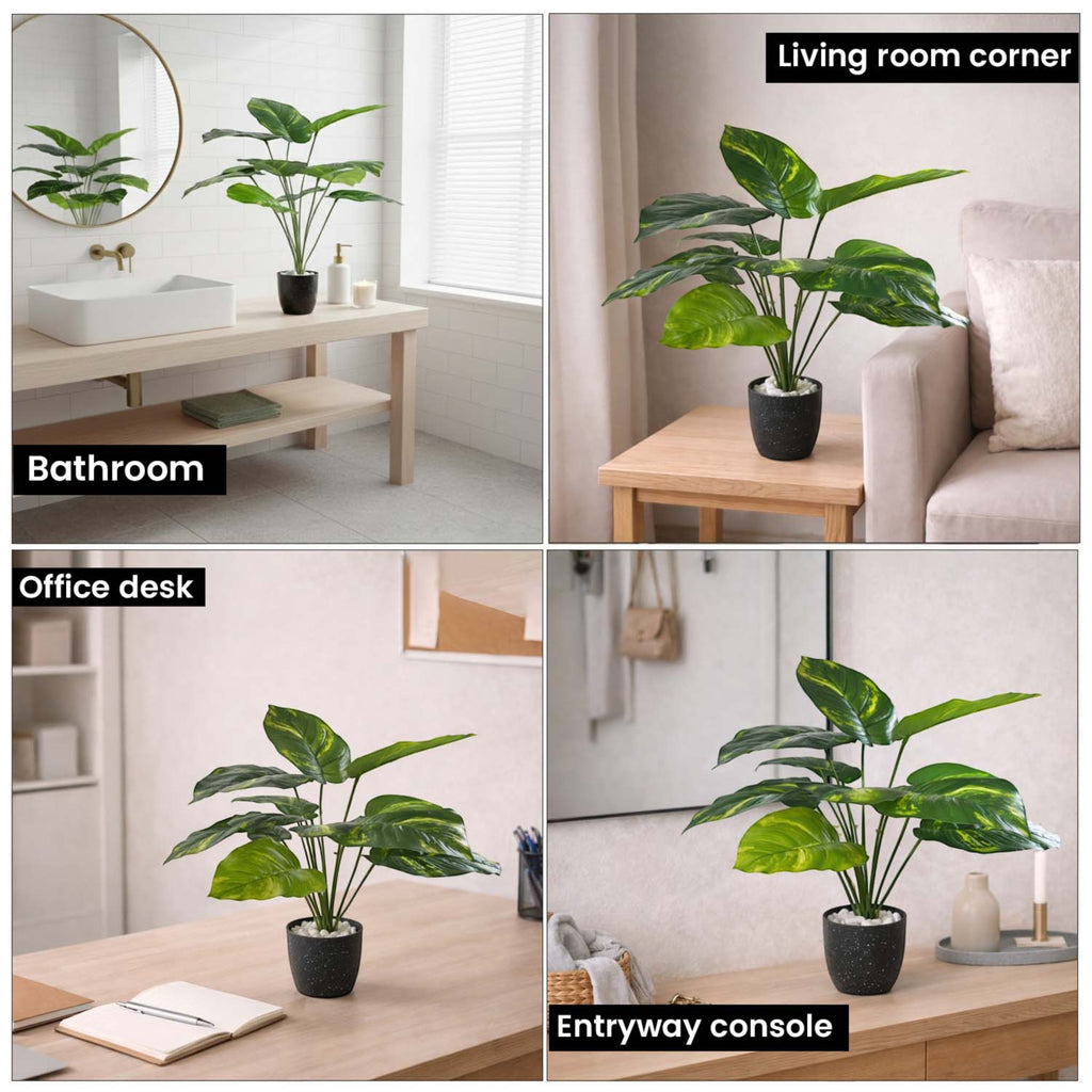 GoHooked artificial Alocasia plant with green patterned leaves in a black pot, shown in various home decor settings.