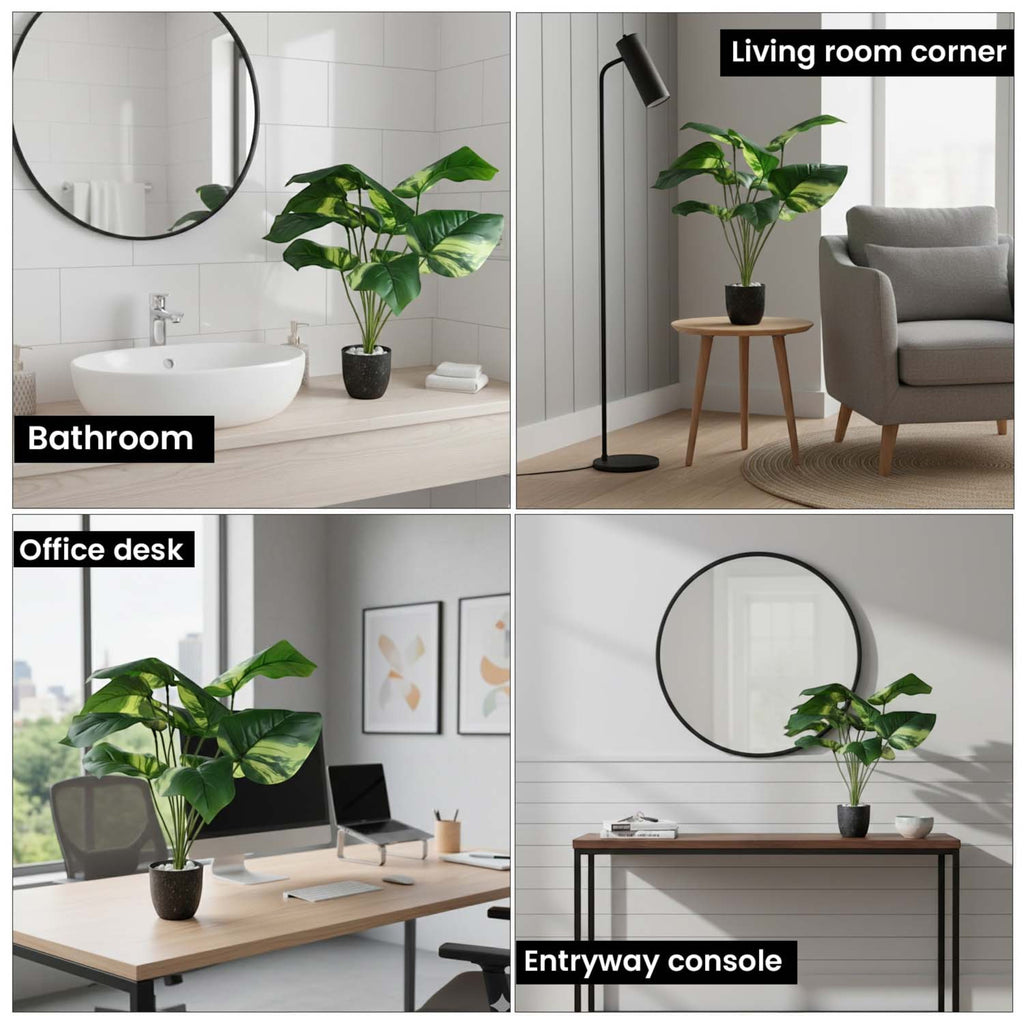 GoHooked artificial Alocasia plant with green patterned leaves in a black pot, shown in bathroom, living room, and office.