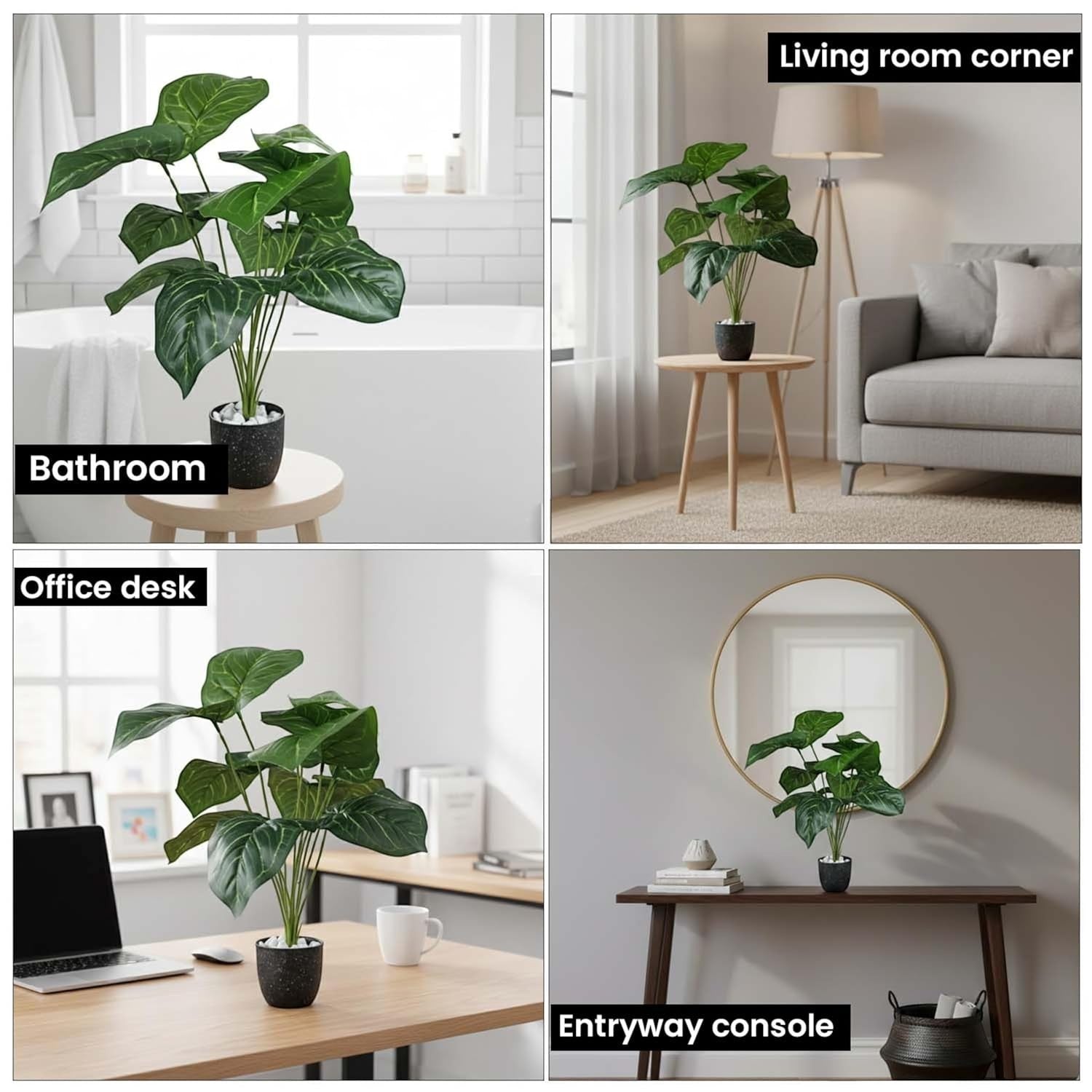 Go Hooked set of 2 artificial Anthurium plants with 12 patterned green leaves each, in speckled pots with white pebbles.
