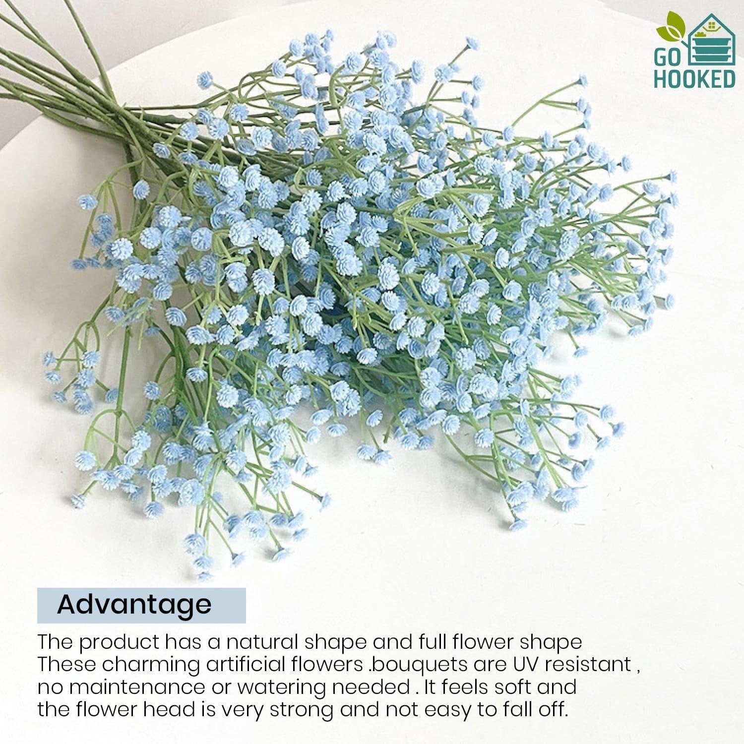 Go Hooked light blue artificial baby's breath flowers, made of soft rubber and plastic with flexible stems. Pack of 5.